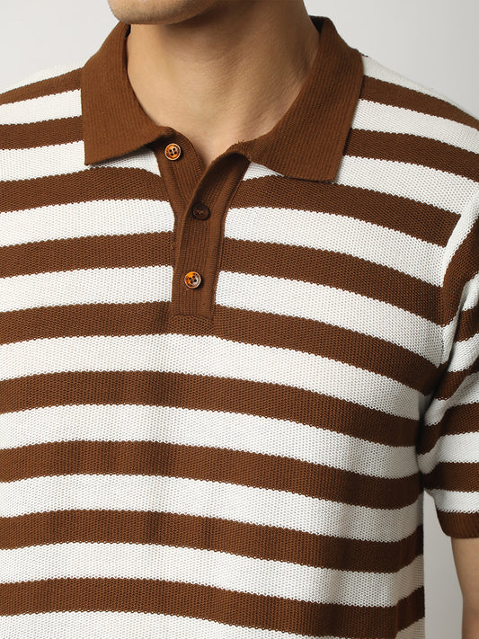 Retro Stripe Brown Half Sleeve Polo T-Shirt