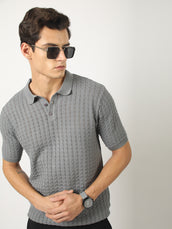 Cable Flatknit Dark Grey Half Sleeve Polo T-Shirt
