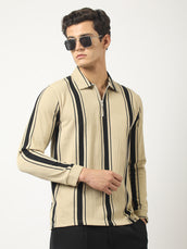 Cord Stripe Beige Full Sleeve Polo T-Shirt