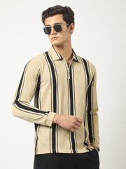 Cord Stripe Beige Full Sleeve Polo T-Shirt
