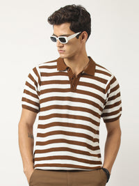 Retro Stripe Brown Half Sleeve Polo T-Shirt