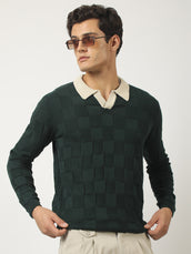 Cubic Knit Dark Green Full Sleeve Polo T-Shirt