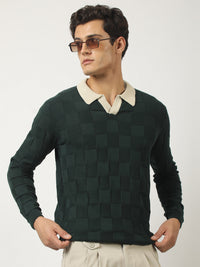 Cubic Knit Dark Green Full Sleeve Polo T-Shirt