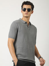Cable Flatknit Dark Grey Half Sleeve Polo T-Shirt