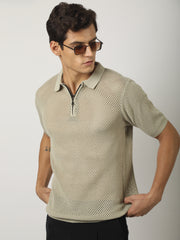 Resort Beige Flatknit Half Sleeve Polo T-Shirt