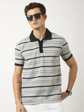 Neutral Stripe Grey, Black Half Sleeve Polo T-Shirt