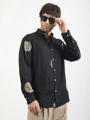 Blowball Flower Embroidery Black Full Sleeve Shirt