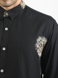 Blowball Flower Embroidery Black Full Sleeve Shirt