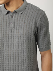 Cable Flatknit Dark Grey Half Sleeve Polo T-Shirt