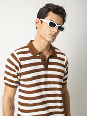 Retro Stripe Brown Half Sleeve Polo T-Shirt