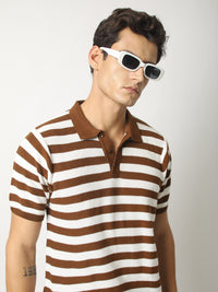 Retro Stripe Brown Half Sleeve Polo T-Shirt