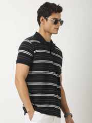 Neutral Stripe Black, Grey Half Sleeve Polo T-Shirt