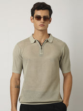 Resort Beige Flatknit Half Sleeve Polo T-Shirt