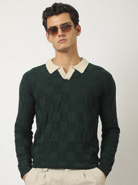 Cubic Knit Dark Green Full Sleeve Polo T-Shirt