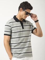 Neutral Stripe Grey, Black Half Sleeve Polo T-Shirt