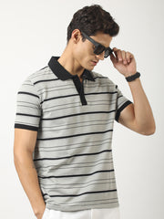 Neutral Stripe Grey, Black Half Sleeve Polo T-Shirt
