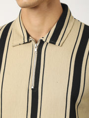 Cord Stripe Beige Full Sleeve Polo T-Shirt