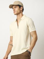 Marble Grid Cream Half Sleeve Polo T-Shirt
