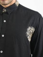 Blowball Flower Embroidery Black Full Sleeve Shirt