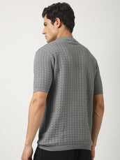 Cable Flatknit Dark Grey Half Sleeve Polo T-Shirt