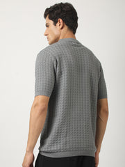 Cable Flatknit Dark Grey Half Sleeve Polo T-Shirt