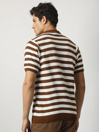 Retro Stripe Brown Half Sleeve Polo T-Shirt