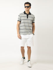 Neutral Stripe Grey, Black Half Sleeve Polo T-Shirt