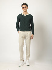 Cubic Knit Dark Green Full Sleeve Polo T-Shirt