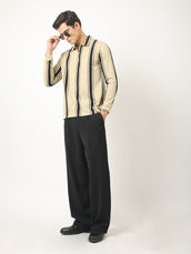 Cord Stripe Beige Full Sleeve Polo T-Shirt