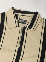 Cord Stripe Beige Full Sleeve Polo T-Shirt