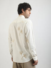 Biloba Leaf Embroidery Cream Full Sleeve Shirt