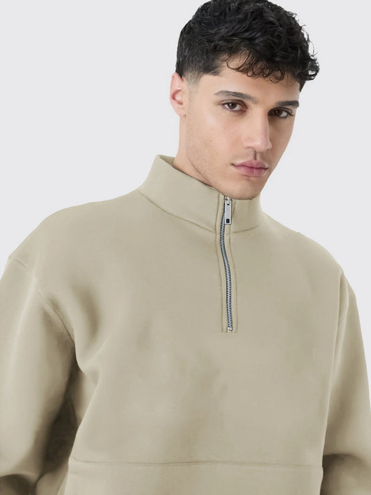 Half Zipper Beige Full Sleeve Sweatshirt