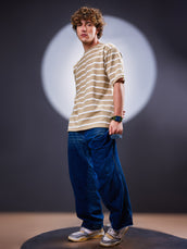 Popcorn Horizontal Stripe Beige Half Sleeve T-Shirt