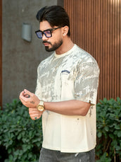 Shatter Embroidery Cream Half Sleeve T-Shirt