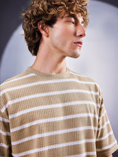 Popcorn Horizontal Stripe Beige Half Sleeve T-Shirt