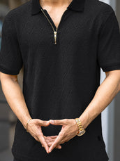 Croshia knit Black Half Zip Half Sleeve Polo T-Shirt