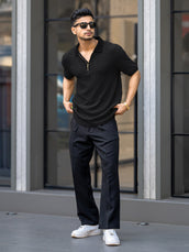 Croshia knit Black Half Zip Half Sleeve Polo T-Shirt