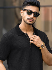 Croshia knit Black Half Zip Half Sleeve Polo T-Shirt