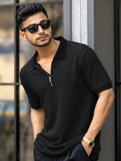 Croshia knit Black Half Zip Half Sleeve Polo T-Shirt