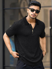 Croshia knit Black Half Zip Half Sleeve Polo T-Shirt