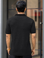 Croshia knit Black Half Zip Half Sleeve Polo T-Shirt