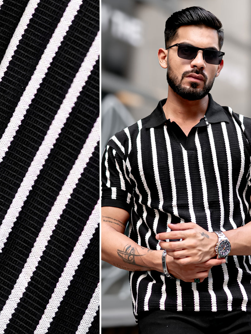 Popcorn Knit Black Polo Half Sleeve T-Shirt