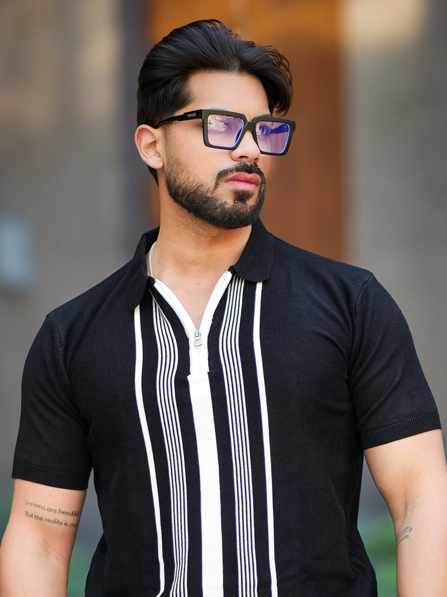 Black half sleeve oldmoney stripe polo t-shirt for men - view 3