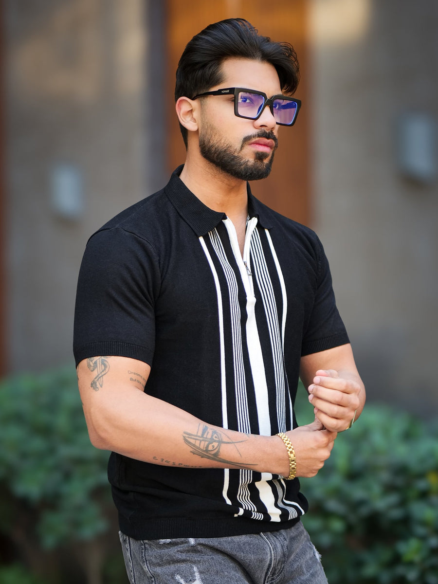 Black half sleeve oldmoney stripe polo t-shirt for men - view 4