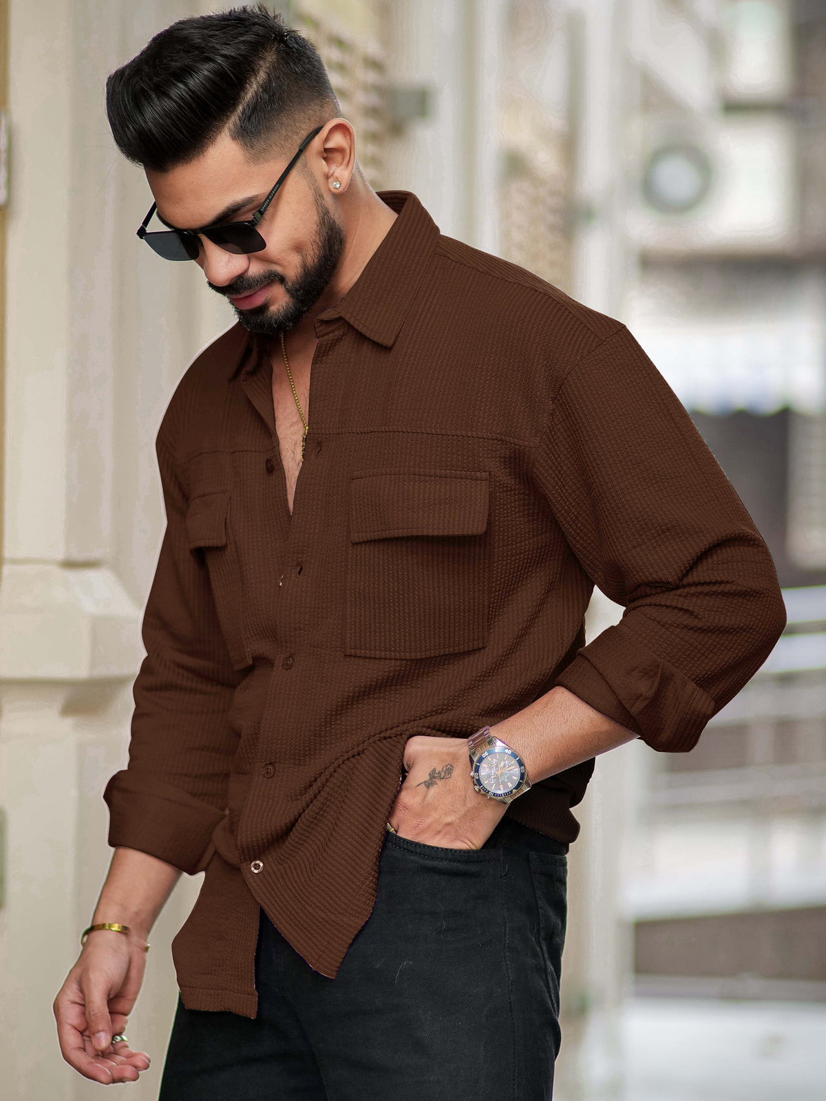 Brown full sleeve elliot knit lycra shirt for men - view 2