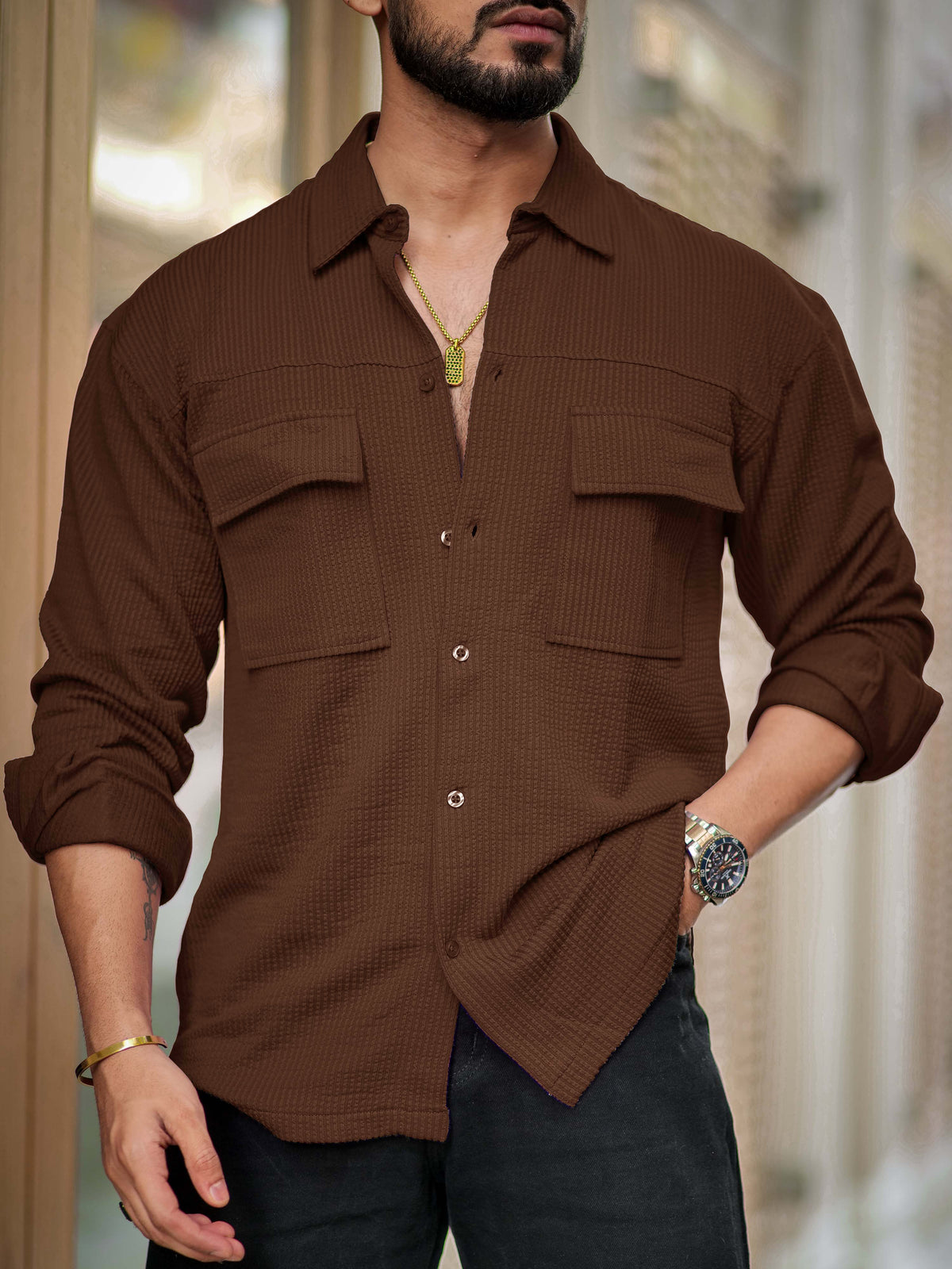 Brown full sleeve elliot knit lycra shirt for men - view 3