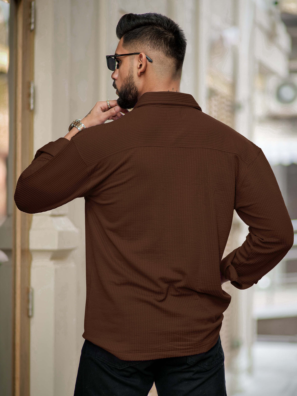 Brown full sleeve elliot knit lycra shirt for men - view 4