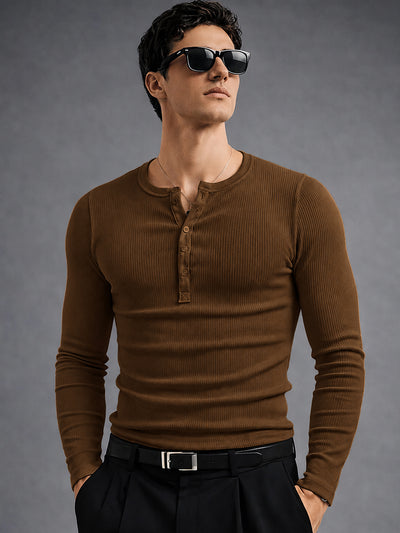 Brown Ribbed Henley Neck Full Sleeve T-Shirt