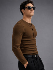 Brown Ribbed Henley Neck Full Sleeve T-Shirt