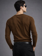 Brown Ribbed Henley Neck Full Sleeve T-Shirt